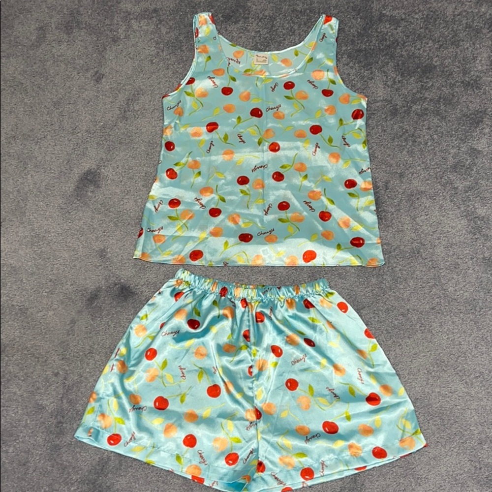 Blue cherry pattern pajama matching tank & shorts